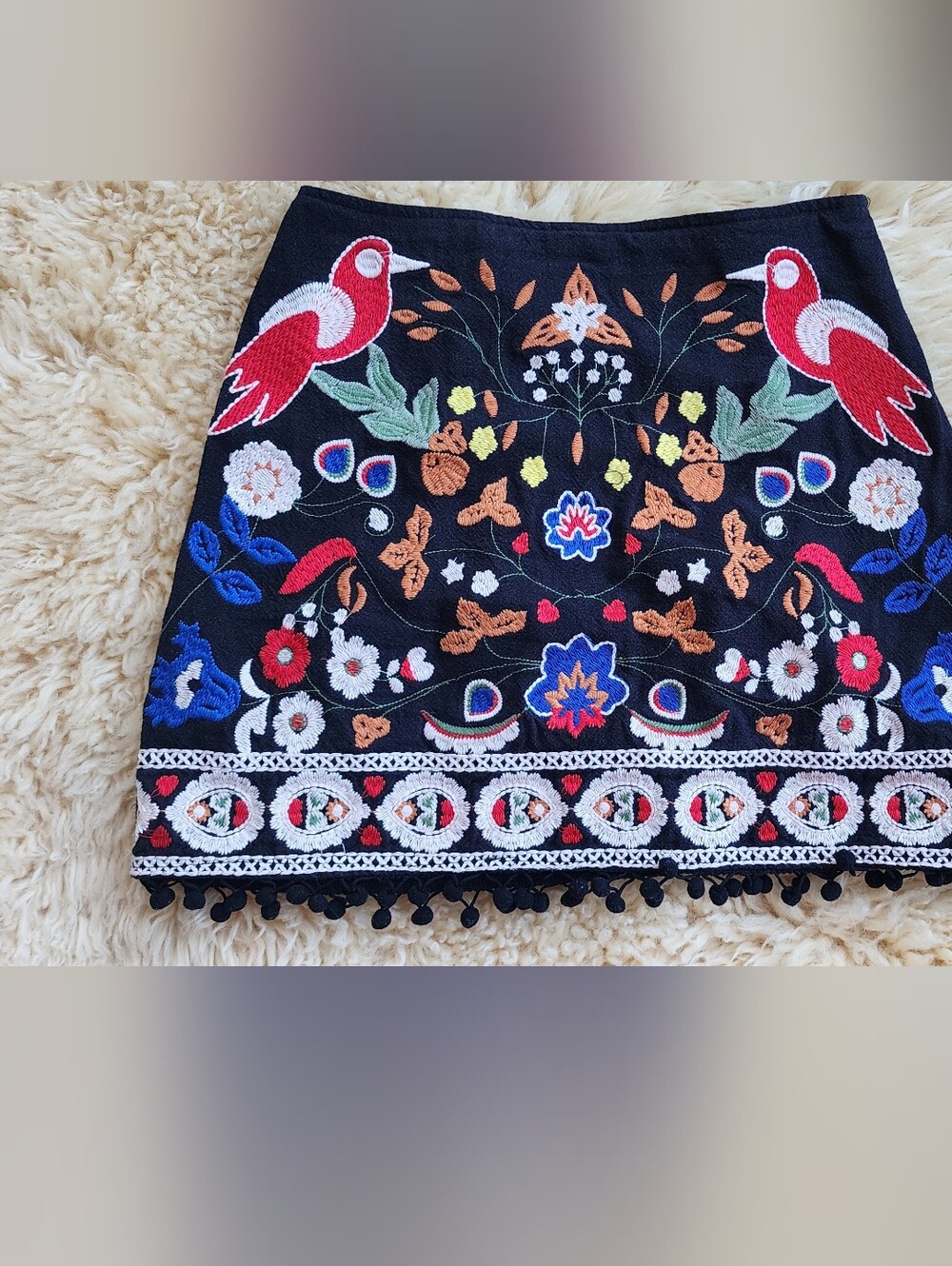 Umgee Black Embroidered Floral & Bird Mini Skirt with Pom Trim
